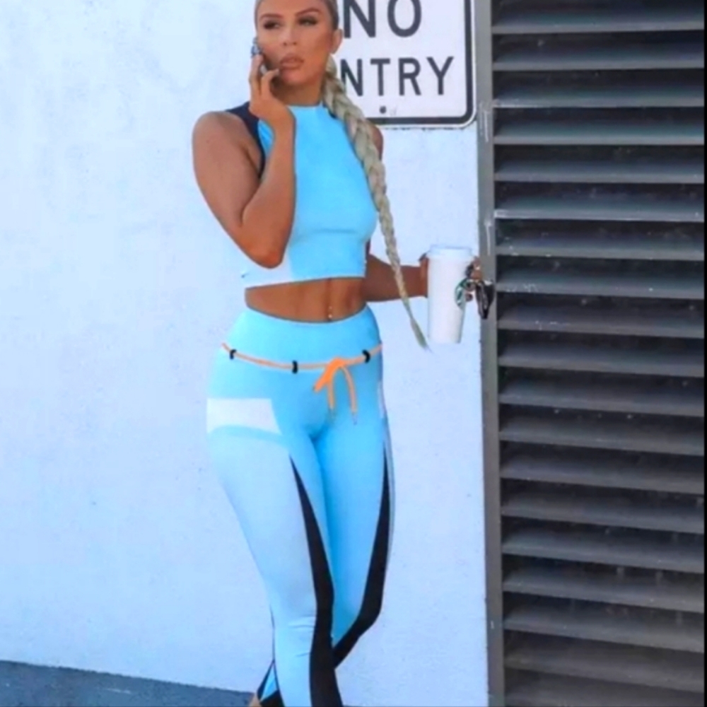 YOGA SPORTS SET CROP BELTED BLUE & ORANGE ACTIVEWEAR